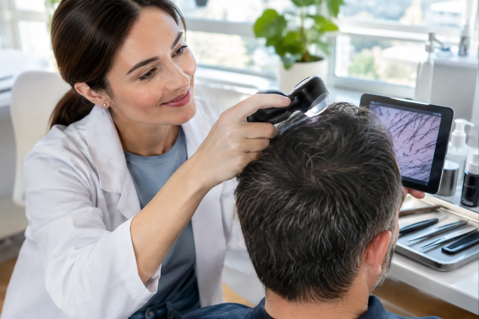 Eine Ärztin untersucht in einer Praxis mit einem Dermatoskop die Kopfhaut eines Mannes und zeigt die Vergrößerung auf einem Tablet.